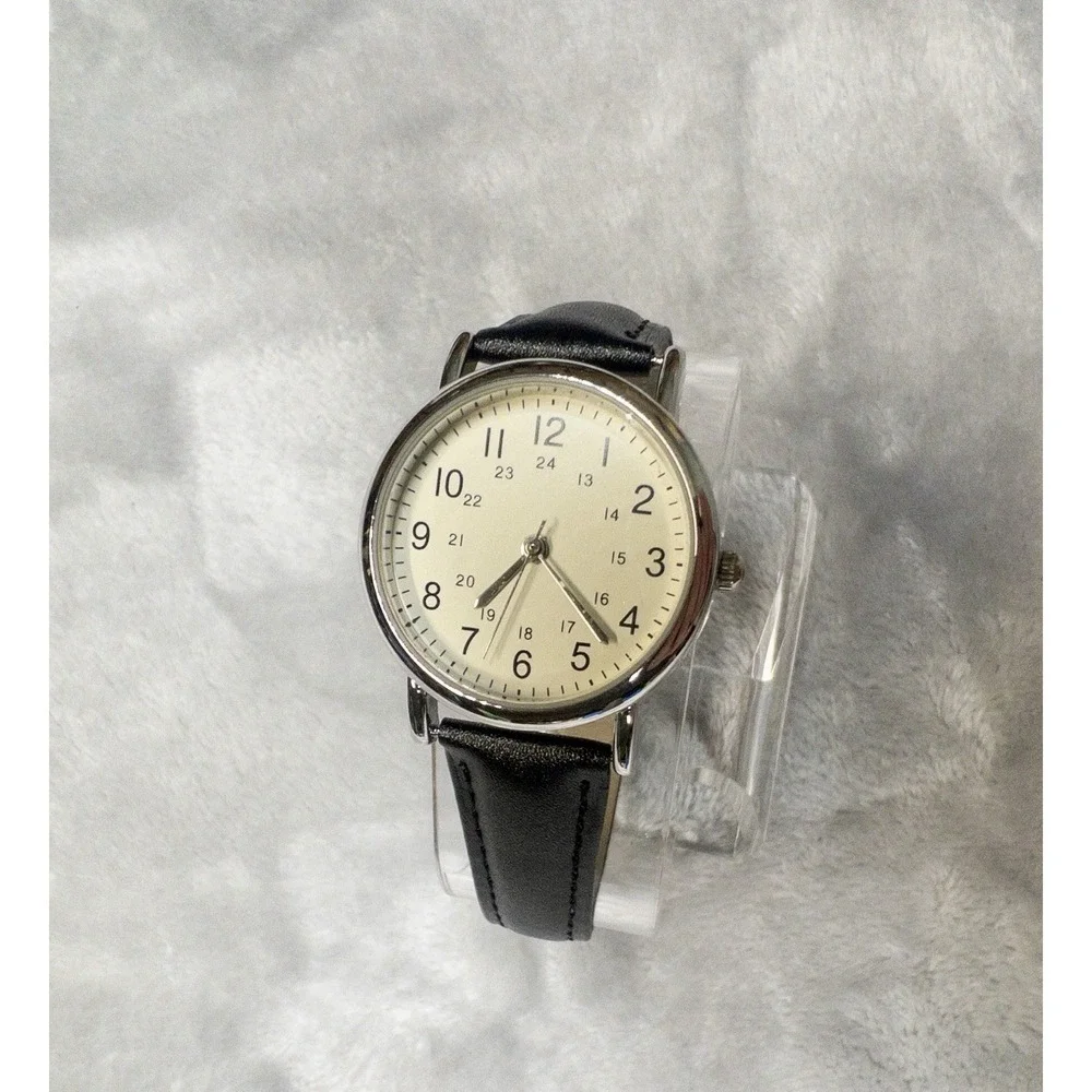 Mens Minimalist 30mm Watch Black Leather Strap 24 Hour Dial Silver Case